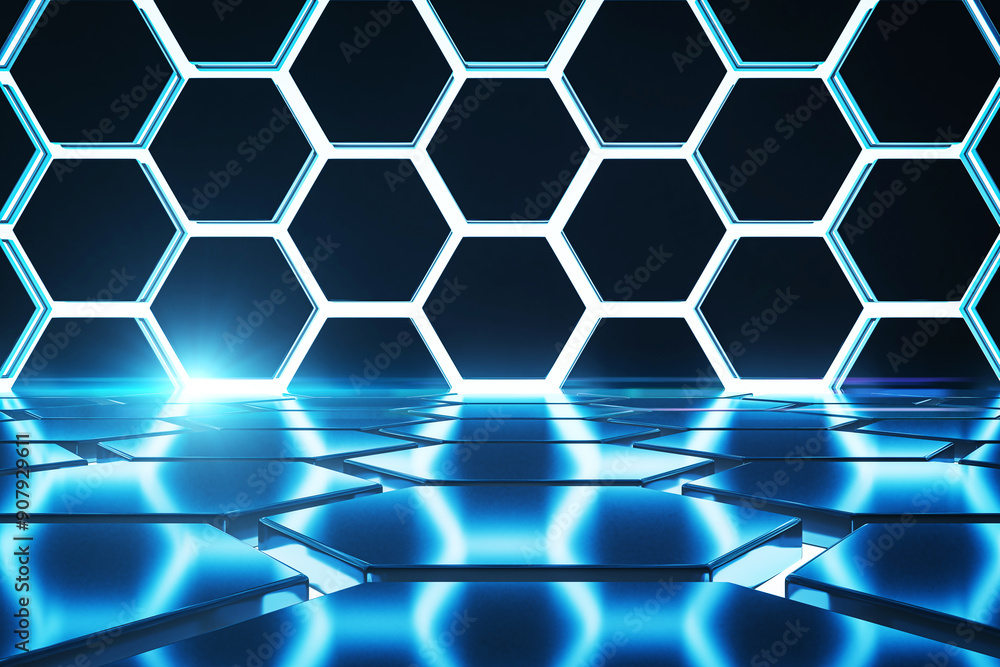 Aufkleber Futuristic hexagonal platform with glowing blue lights. 3D Rendering