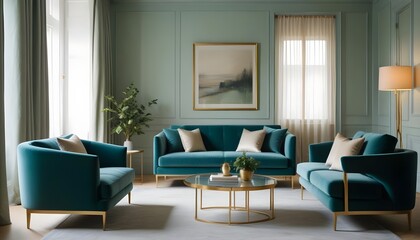 Interior design of a modern living room with blue sofas and a gray armchair