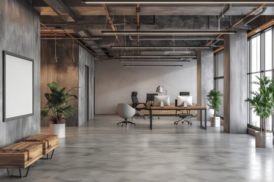 Gray and beige open space office interior, Generative AI