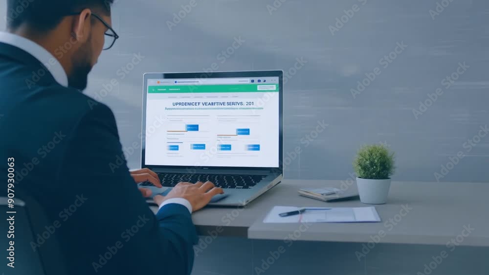 Aufkleber project manager analyzing statistics on laptop at office desk generative ai