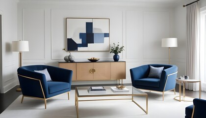 Fototapeta premium Interior design of a modern living room with blue armchairs, a beige sideboard over a white stucco wall, and contemporary dresser and coffee tables