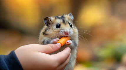 人の手からニンジンを食べるふわふわのハムスター