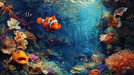 Fototapeta premium Underwater macro scene, clown fish, coral reef, diving view.
