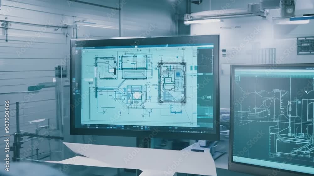 Poster engineer analyzing cad design at an engineering facility generative ai