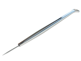 High-quality metal dental probe tool on white background. Essential instrument for dental examinations and treatments.