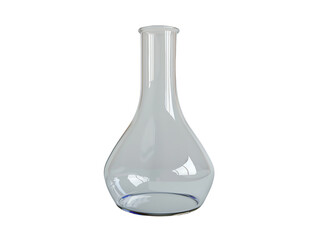 Clear glass laboratory flask with narrow neck and round base used in scientific experiments on white background.