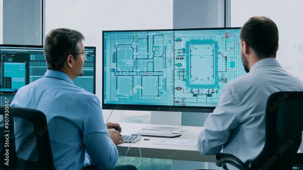 Poster engineers collaborating on cad software in modern office environment generative ai
