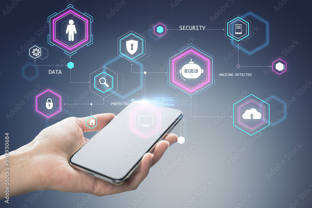 Poster hand holding smartphone displaying holographic icons representing security, data, and internet conne