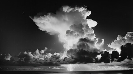 Lightning bolt rises in dark sky with blue tinges, photo grain effect.