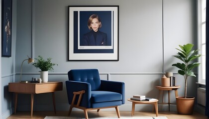 Interior design of a modern living room with an armchair, featuring an empty mock-up poster frame on a white wall