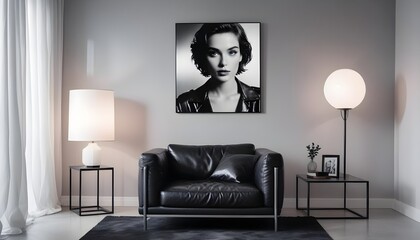 Interior design of a modern living room with an armchair, featuring an empty mock-up poster frame on a white wall