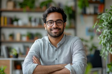 Confident indian businessman in office working on laptop with a warm smile, Generative AI