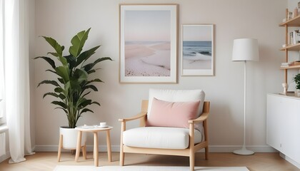 Interior design of a modern living room with an armchair, featuring an empty mock-up poster frame on a white wall