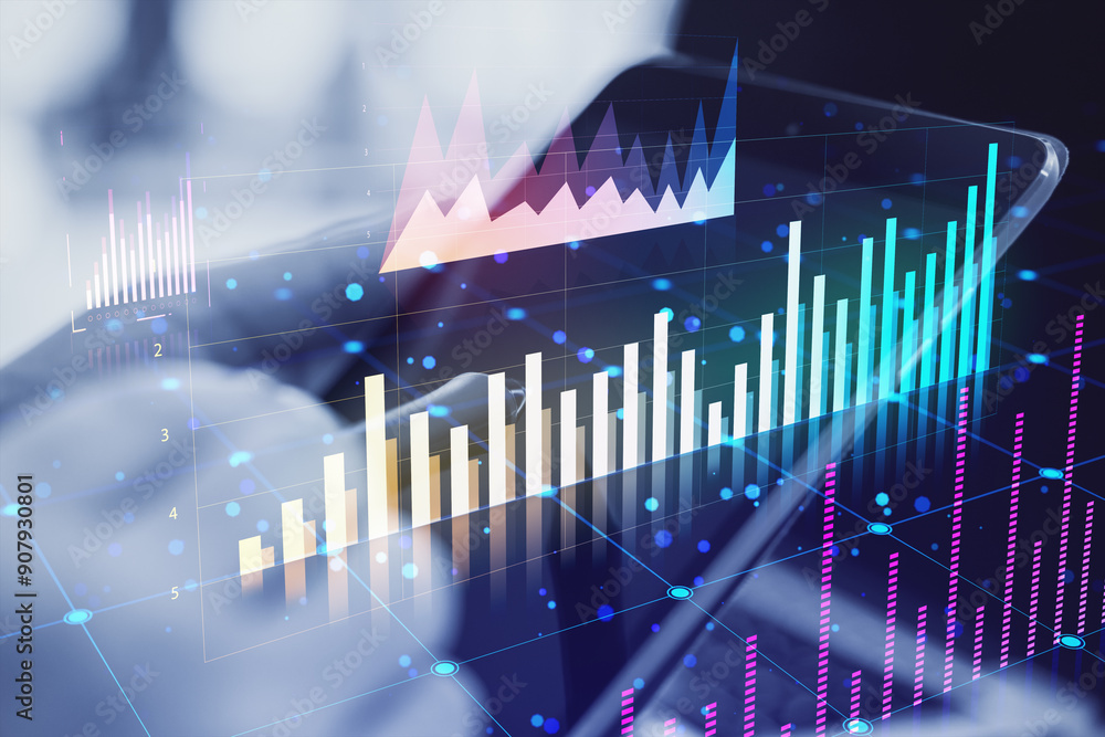 Poster digital financial graphs and charts overlaying a smartphone screen background.