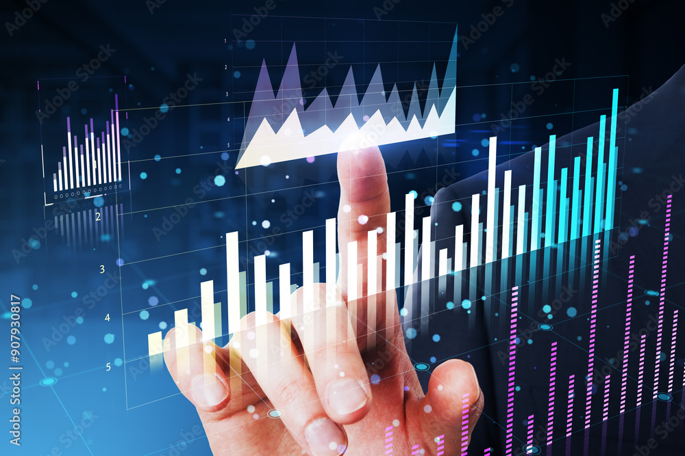 Poster Hand interacting with financial charts and graphs on a digital screen.