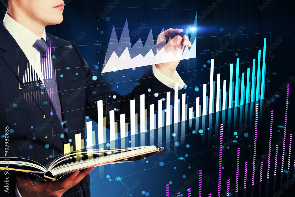 Poster businessperson analyzing financial graphs and charts on a digital interface.