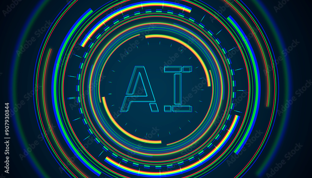Poster Futuristic AI text with colorful circular patterns on dark backdrop. 3D Rendering