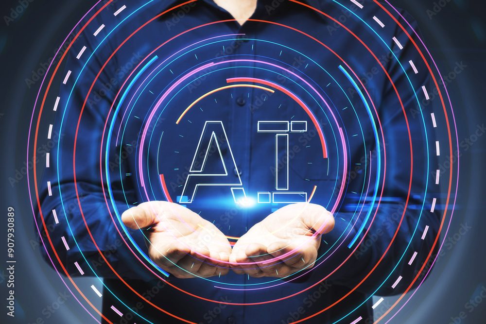 Poster hands holding ai symbol with futuristic graphic elements on dark background.