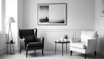 Interior design of a modern living room with an armchair, featuring an empty mock-up poster frame on a white wall