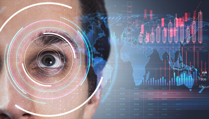 Eye with digital interface and financial data graphics overlay on futuristic background.
