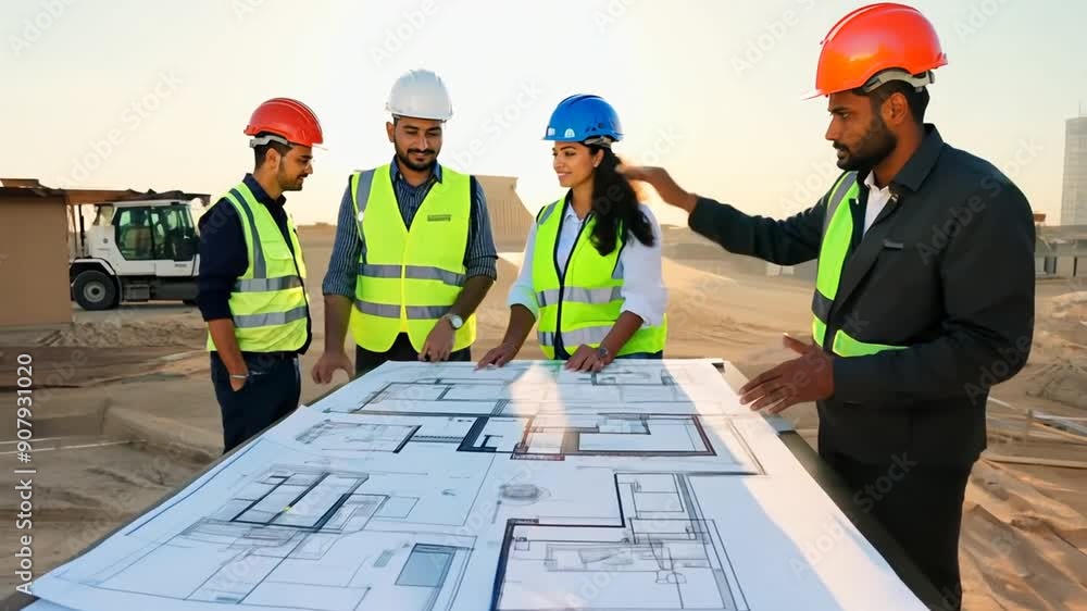 Poster engineers and architects collaborating on construction plans at site generative ai