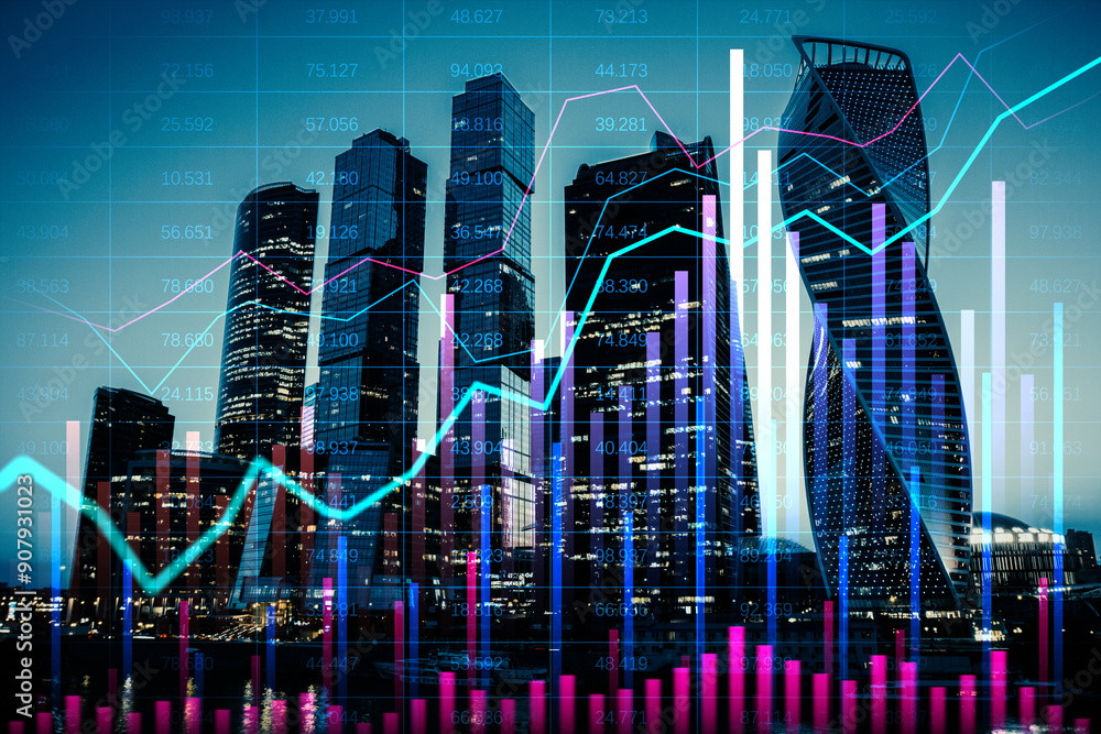 Poster Overlay of financial graphs and charts with modern skyscrapers in the background.