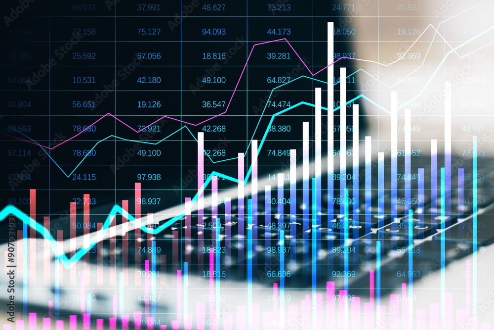 Poster Double exposure image of financial graphs and data overlaid on a laptop keyboard background.