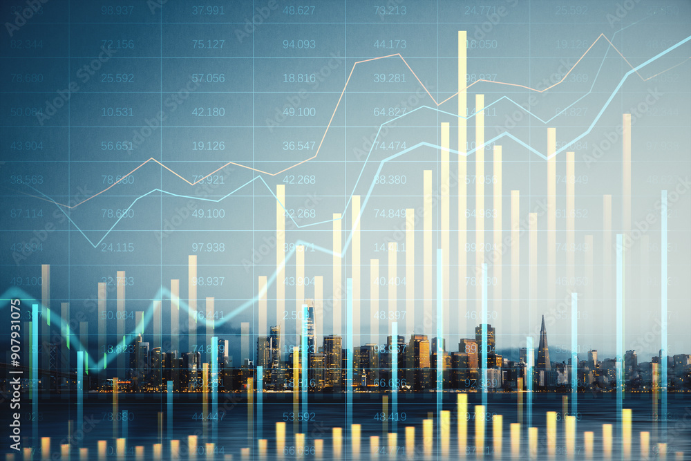 Poster double exposure of financial graphs and charts with a cityscape background.