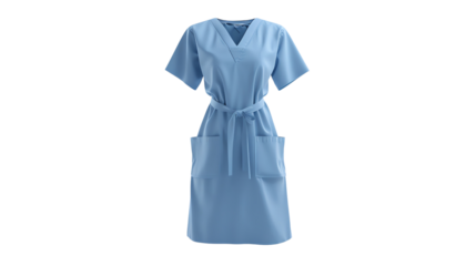 Blue medical scrub dress with short sleeves and pockets, perfect for healthcare professionals to maintain both comfort and functionality during work.