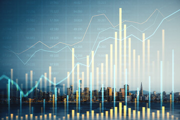 Double exposure of financial graphs and charts with a cityscape background.
