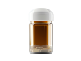 Empty amber medicine bottle with white cap for pills or capsules isolated on white background, suitable for medical or pharmacy use.