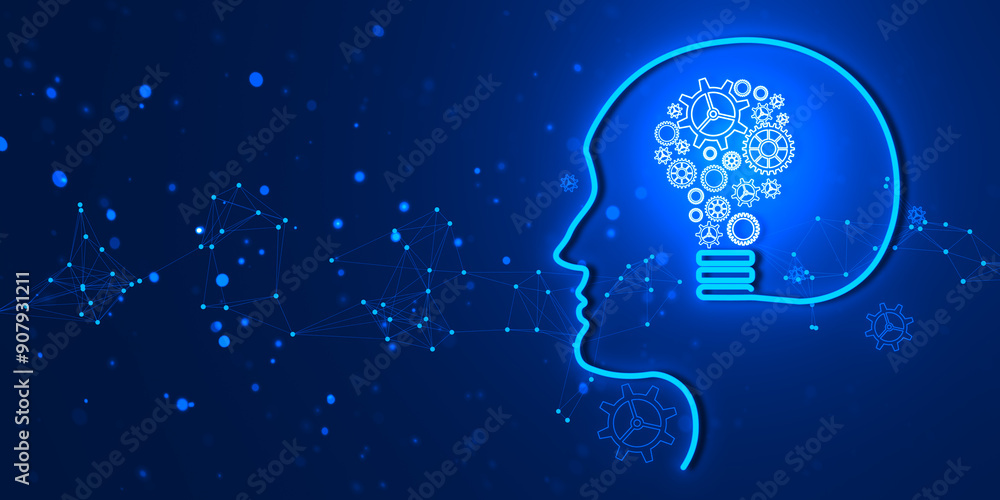 Poster human head silhouette with cogwheels representing a lightbulb on blue background. 3d rendering