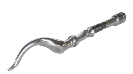 Closeup of a shiny silver metal tool with a curved handle and threaded end, often used in mechanical or plumbing applications, isolated on white.