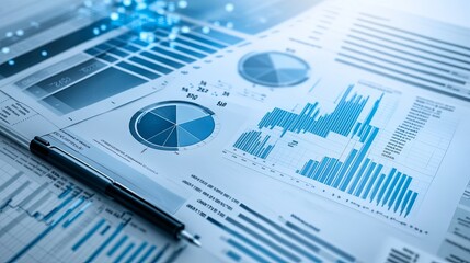 Semi close-up of a financial document with graphs and charts, indicating analysis and planning, more clarity with clear light and sharp focus, high detailed