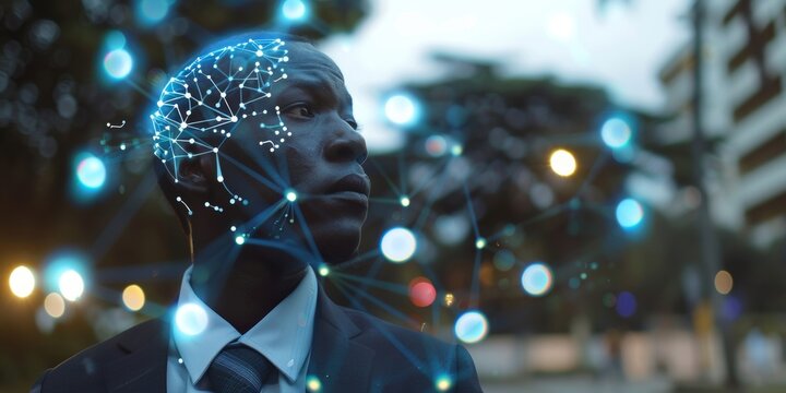 African businessman and digital brain icon and connection circuit, AI hologram, Generative AI