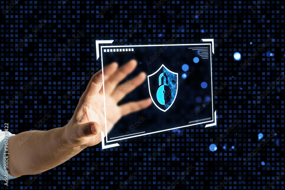 Aufkleber Hand interacting with digital security interface showing a padlock on a shield.