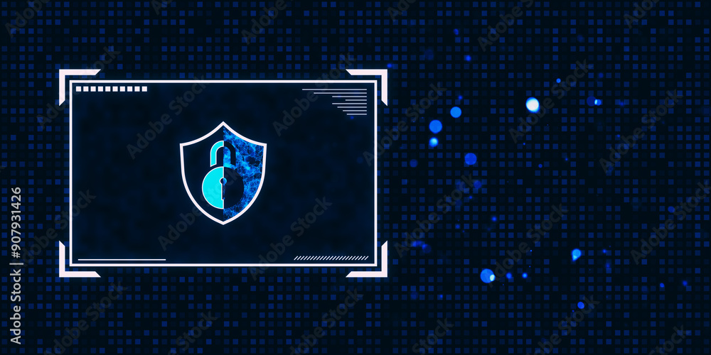 Poster digital security shield icon on a dark blue digital background. 3d rendering