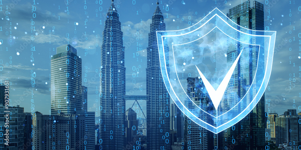 Poster digital shield icon overlaying cityscape, representing cybersecurity and data protection concept.