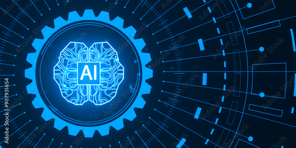 Poster Abstract illustration of AI concept with brain and circuit. 3D Rendering