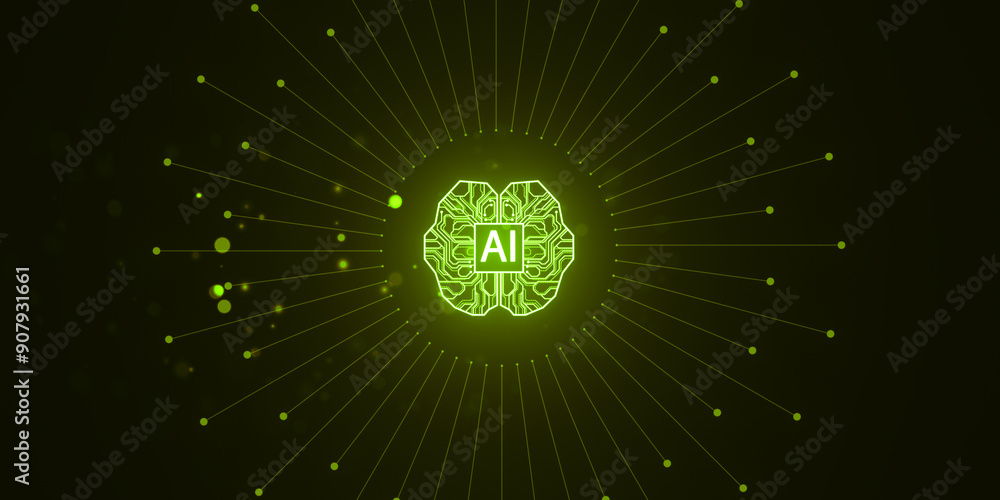 Aufkleber neon green ai brain circuit against dark background. 3d rendering