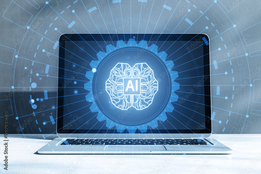 Poster laptop displaying ai brain graphic with digital circuit.