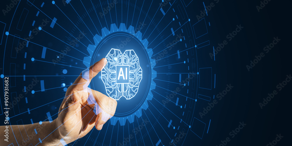 Poster hand interacting with ai brain hologram on digital background.