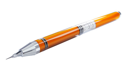 Close-up of an orange mechanical pencil with a silver tip, isolated on a white background. Stationery for writing, drawing, and technical work.