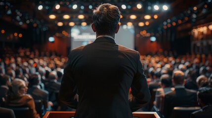 Fototapeta premium Leadership in Focus: A Speaker's Command at a Business Conference.
