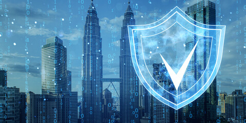 Digital shield icon overlaying cityscape, representing cybersecurity and data protection concept.
