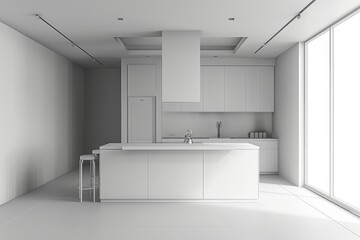 White kitchen interior with island and blank wall, Generative AI