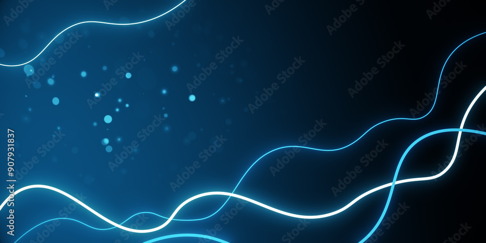 Poster Abstract blue light waves and particles background. 3D Rendering