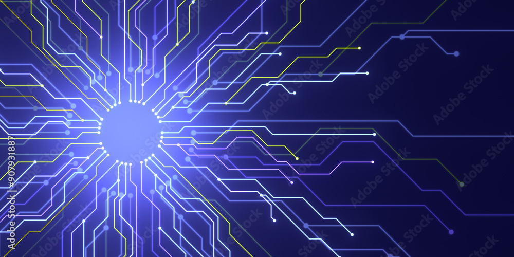 Poster Abstract digital circuit board with glowing lines on dark background. 3D Rendering