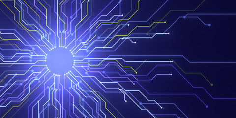Abstract digital circuit board with glowing lines on dark background. 3D Rendering