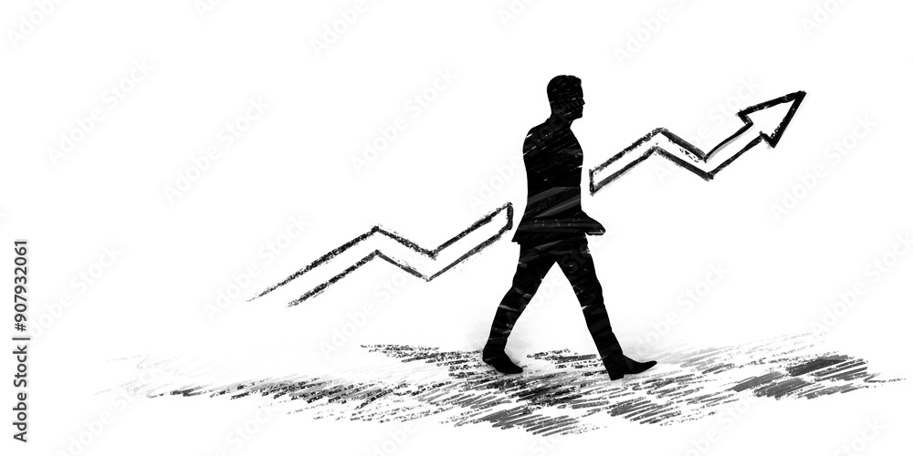 Poster silhouette of a man walking with an upward arrow on a white background.